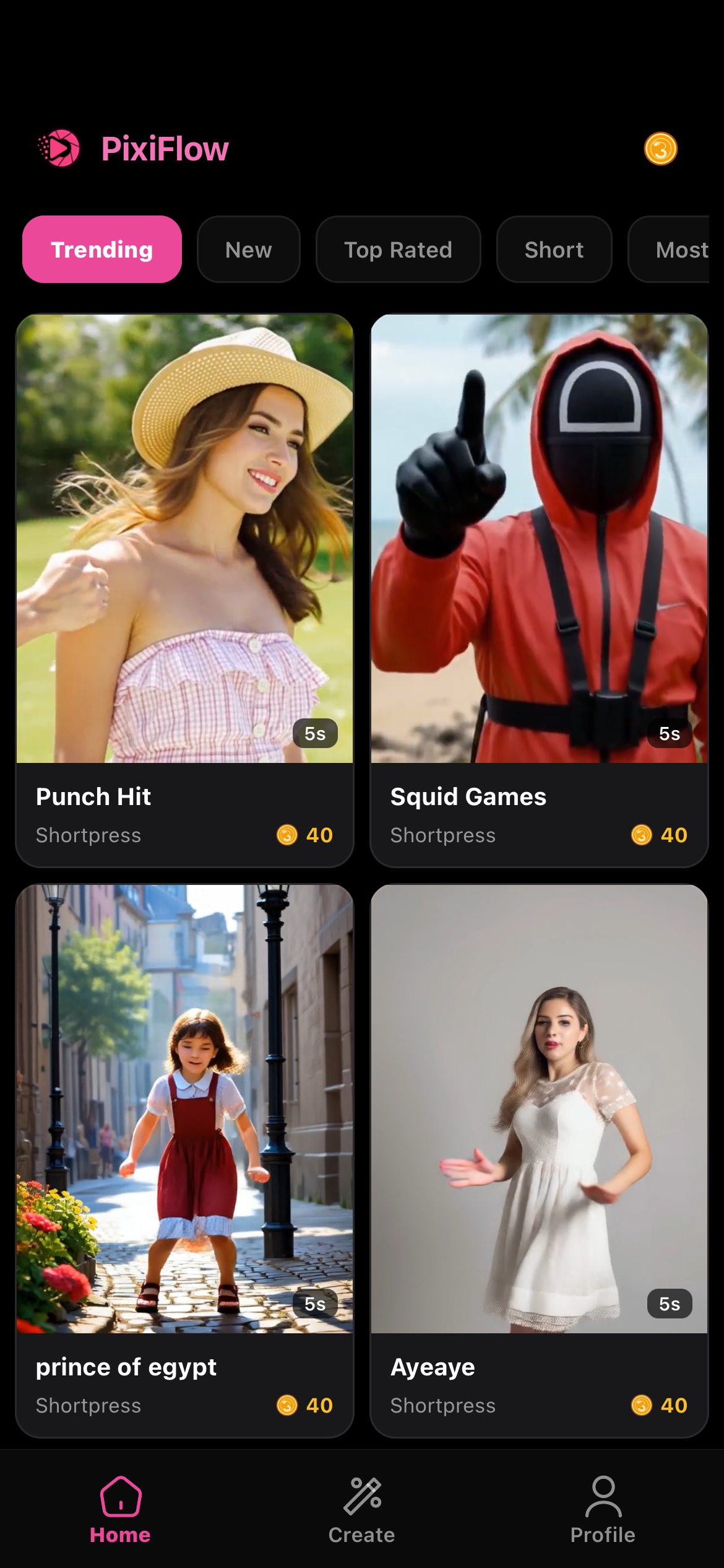 PixiFlow home screen with trending motion styles