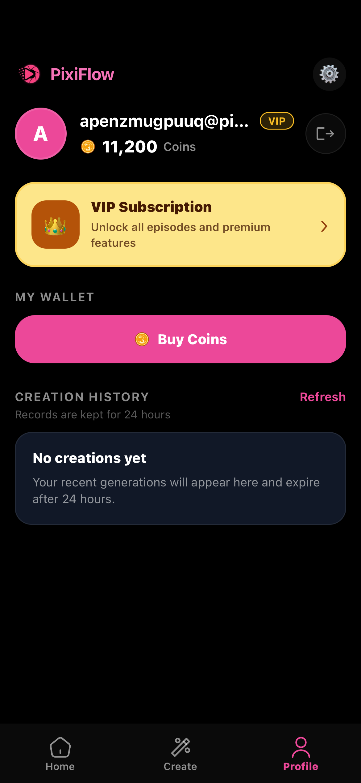 Profile, wallet, and creation history